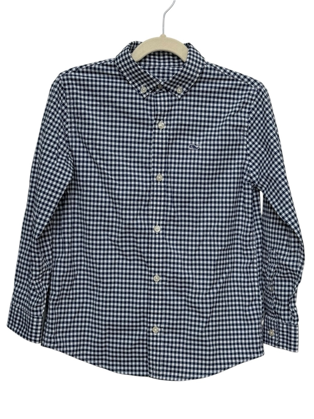 Vineyard Vines Kids Long Sleeve Blue Gingham Button Down Performance Shirt. 6.